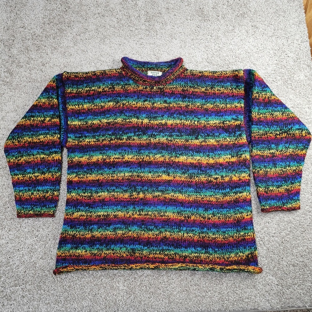 100% Wool Sweater Hand Knit in Nepal Rainbow Stripe Unisex Sz L Roll Neck Boxy